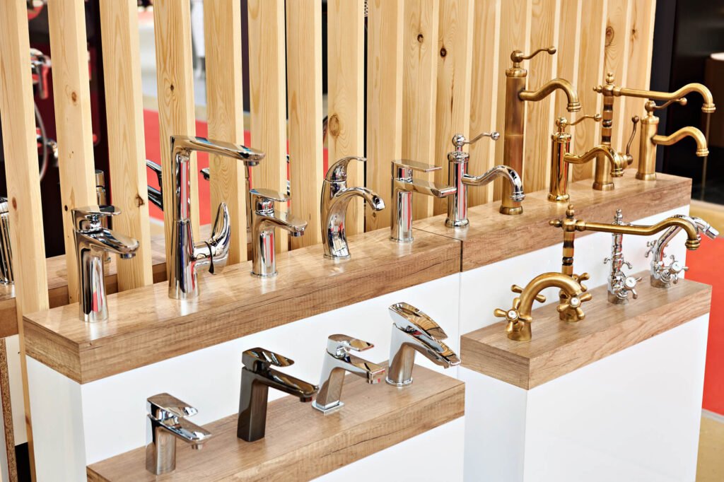 Plumbing and kitchen faucets at exhibition in store